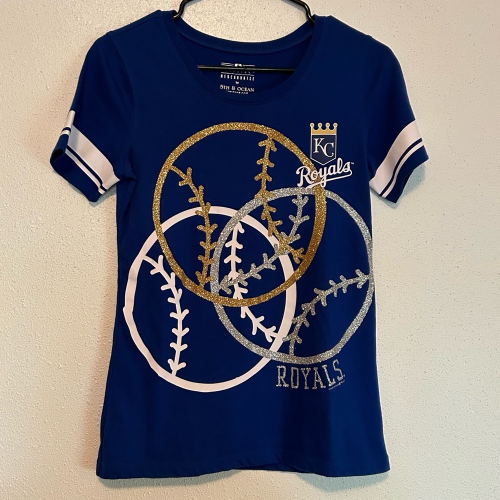 Junior Girls Kansas City Royals Swing For The Fence Royal Blue Glitter T-Shirt
